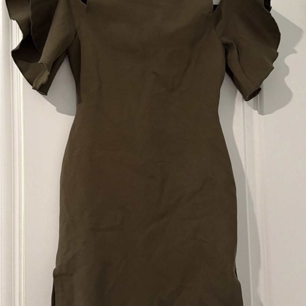 Gianni Bini Olive Green Cold-Shoulder Ruffle Mini Dress
